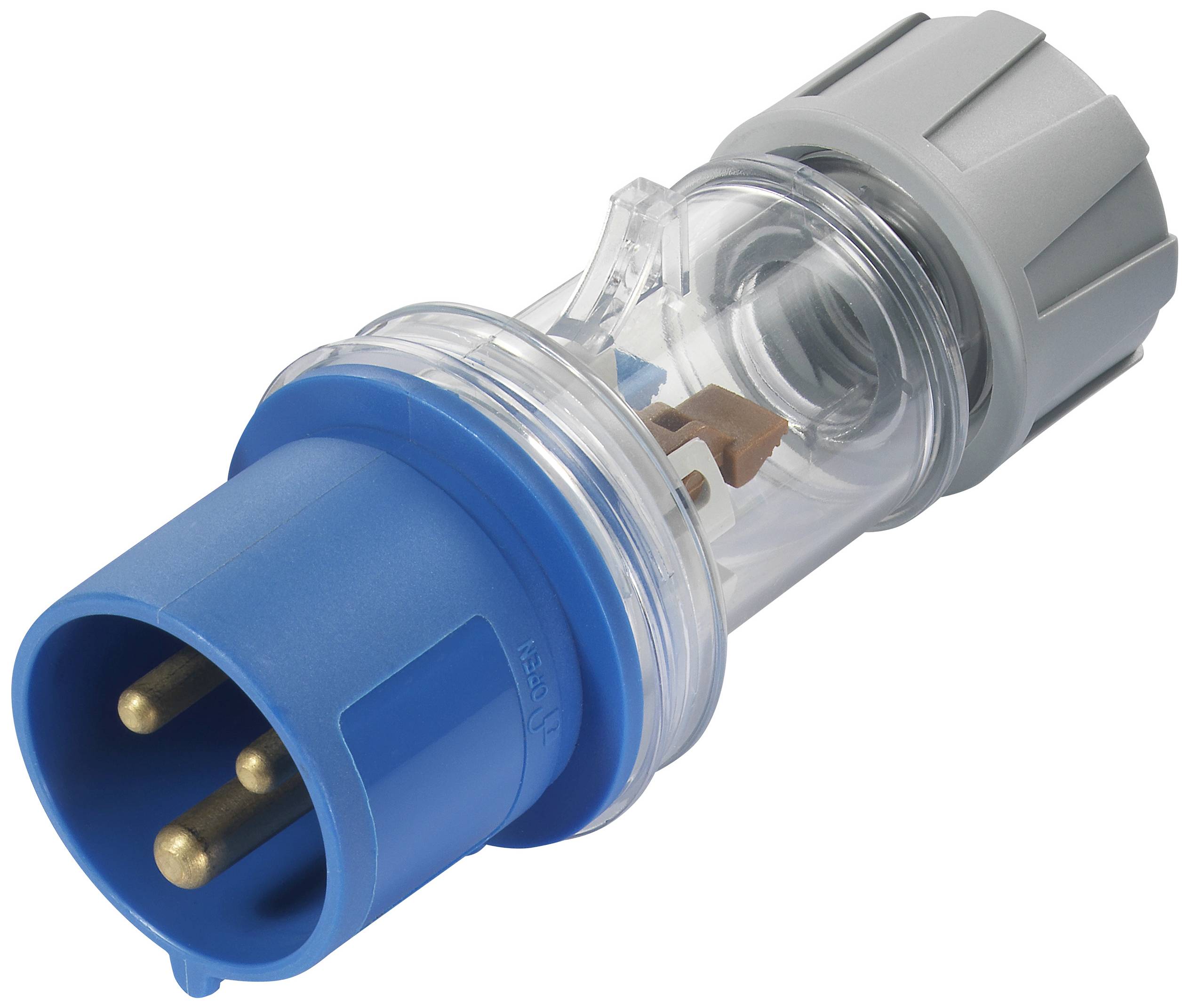 Blauer dreipoliger Stecker mit durchsichtigem Schutzgehäuse, vermutlich für industrielle Anwendungen.