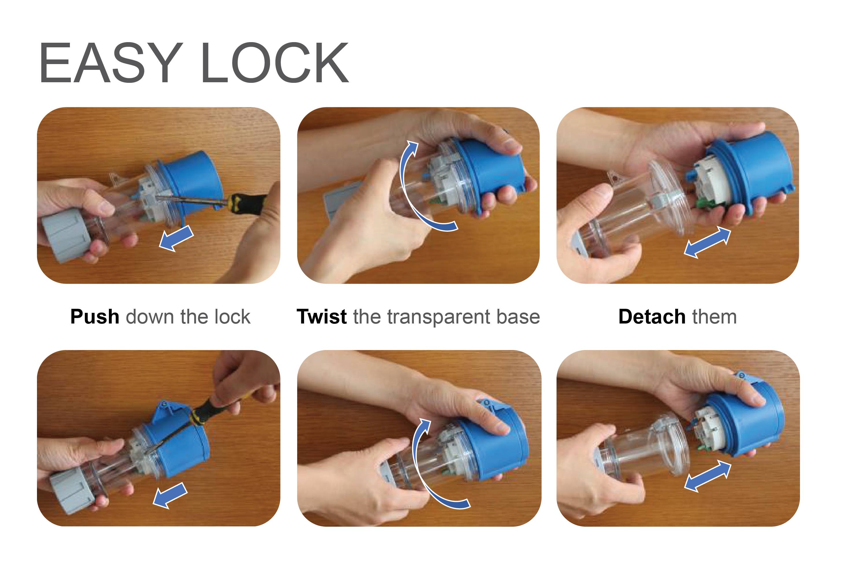 'Easy Lock' Gebrauchsanweisung mit sechs Bildern: Drücken, Drehen und Lösen des Verschlusses. Hände demonstrieren Schritte auf Holzuntergrund.