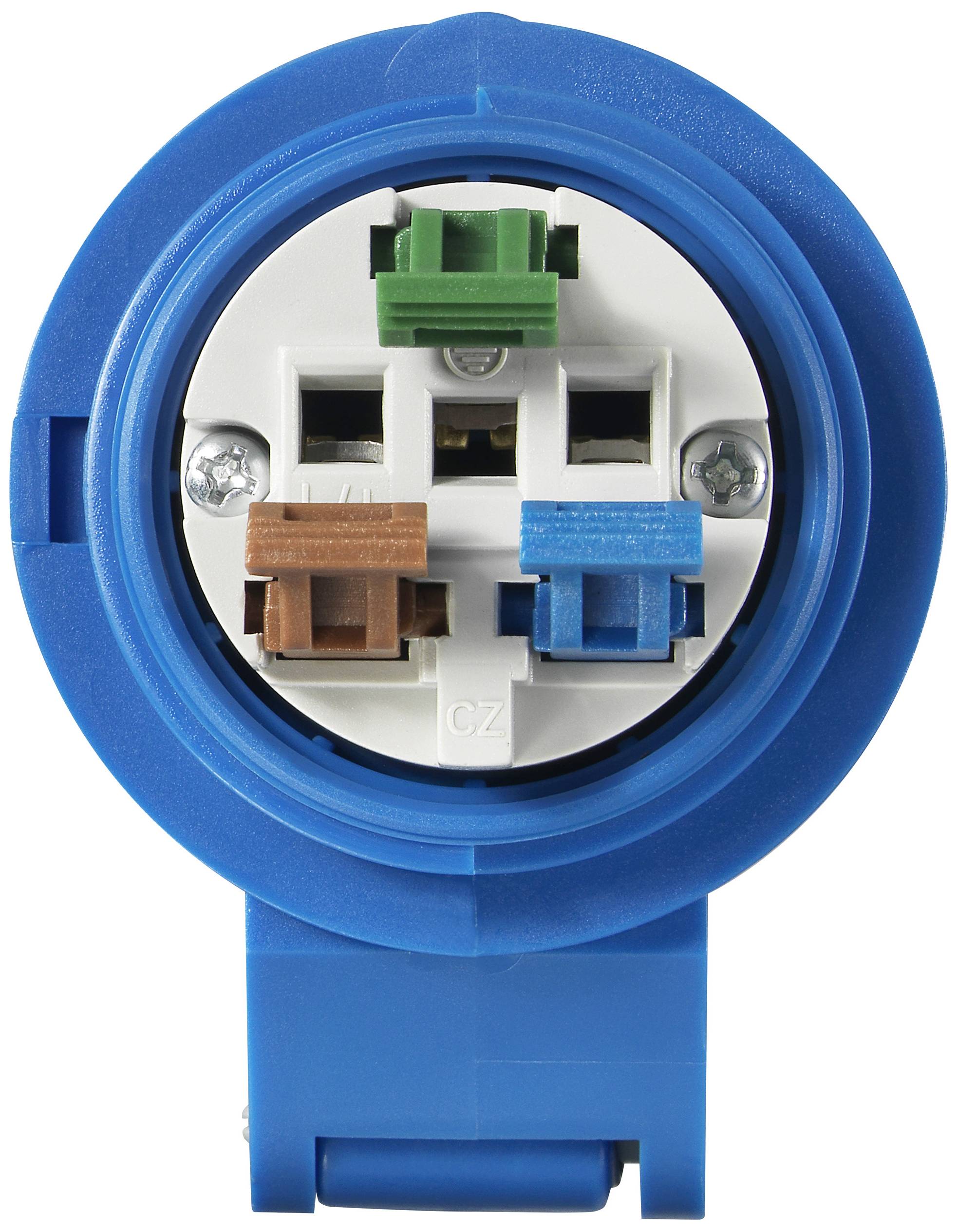 Ein blauer elektrischer Stecker mit farbcodierten Kabelanschlüssen: grün, braun und blau, hervorgehoben durch eine weiße Basis.