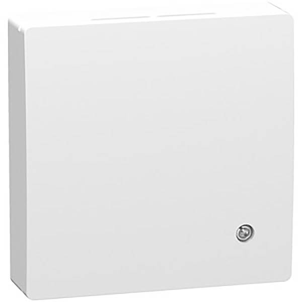Ein weißer Metallschaltkasten mit einer Schraube in der unteren rechten Ecke, möglicherweise zur Sicherung elektrischer Komponenten.