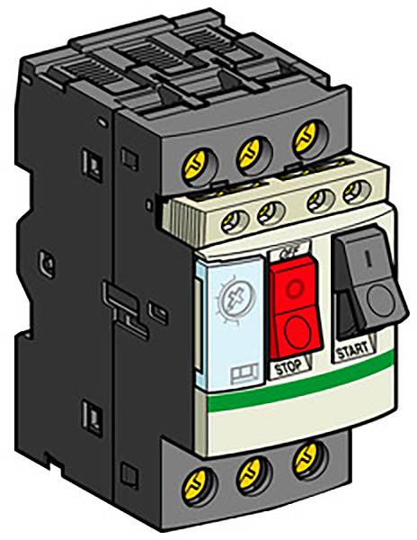 Ein Leistungsschalter mit Bedienelementen und Kennzeichnungen für 'STOP' und 'START', zur Steuerung elektrischer Stromkreise.