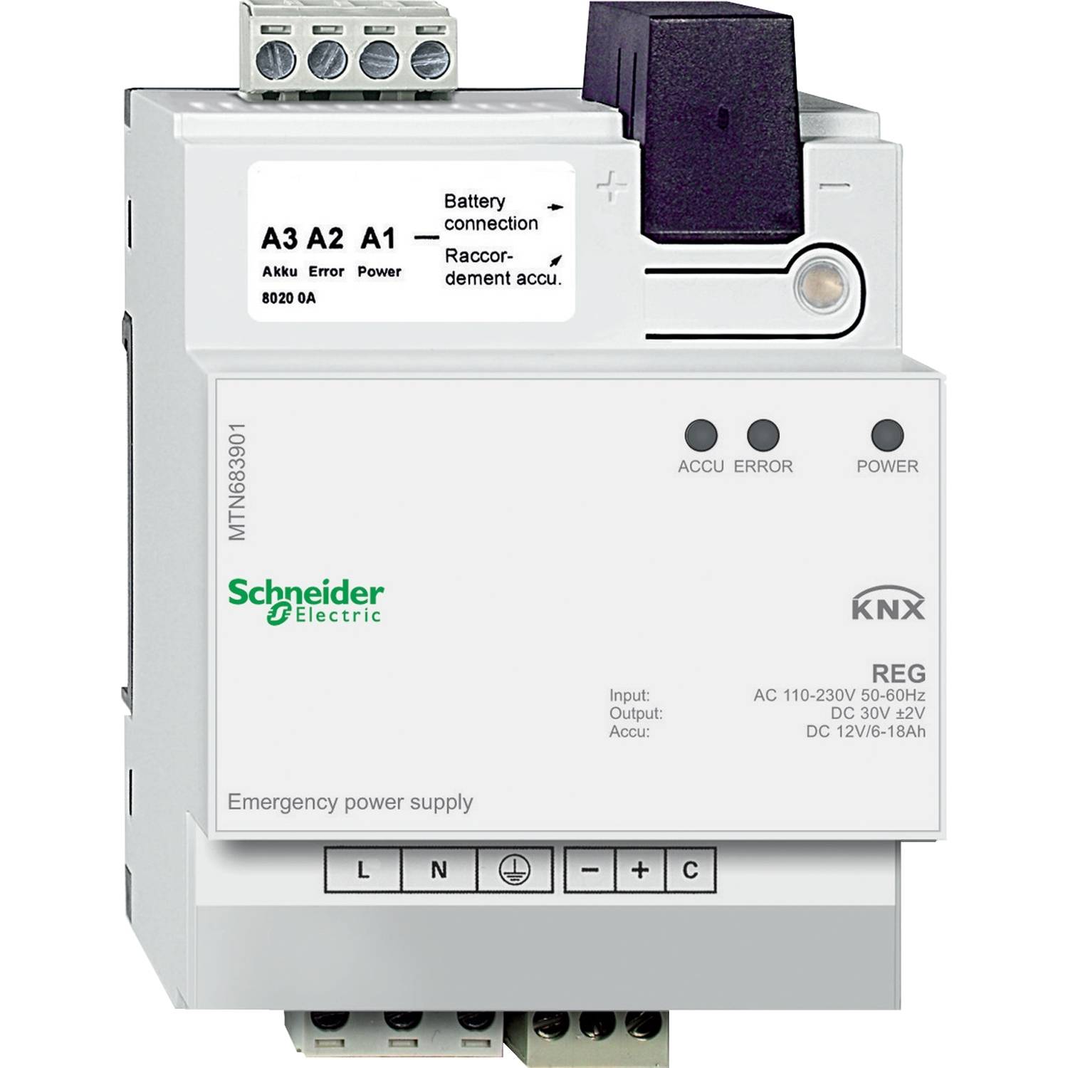 Ein KNX-Netzteil, Modell von Schneider Electric, mit verschiedenen Anschlüssen und Anzeigen für 'Akku', 'Fehler' und 'Power'.