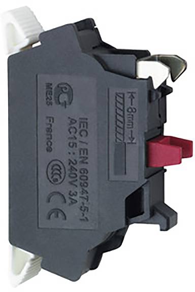 Nahaufnahme eines elektrischen Schalters mit Aufschrift 'IEC/EN 60947-5-1' und Spezifikationen. Schwarzes Gehäuse mit rotem Hebel.