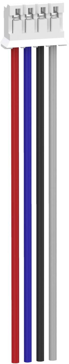 Vier Drähte in verschiedenen Farben (rot, blau, schwarz, grau) sind an einer weißen Steckerleiste befestigt.
