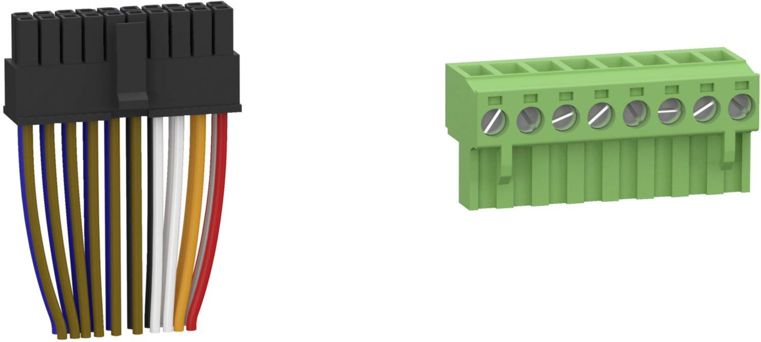 Mehrpoliger Steckverbinder mit bunten Kabeln links; grüner Steckverbinderblock mit Schraubklemmen rechts, beide für Elektroverbindungen.