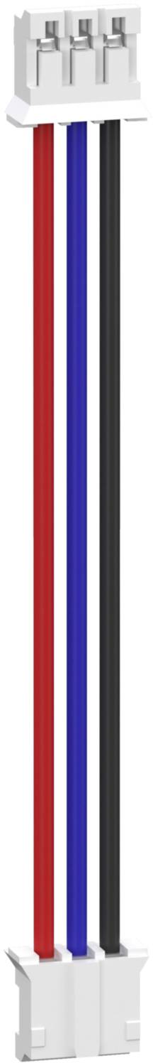 Dreiadriger Kabelbaum mit weißen Kunststoffanschlüssen an beiden Enden. Die Kabel sind rot, blau und schwarz.