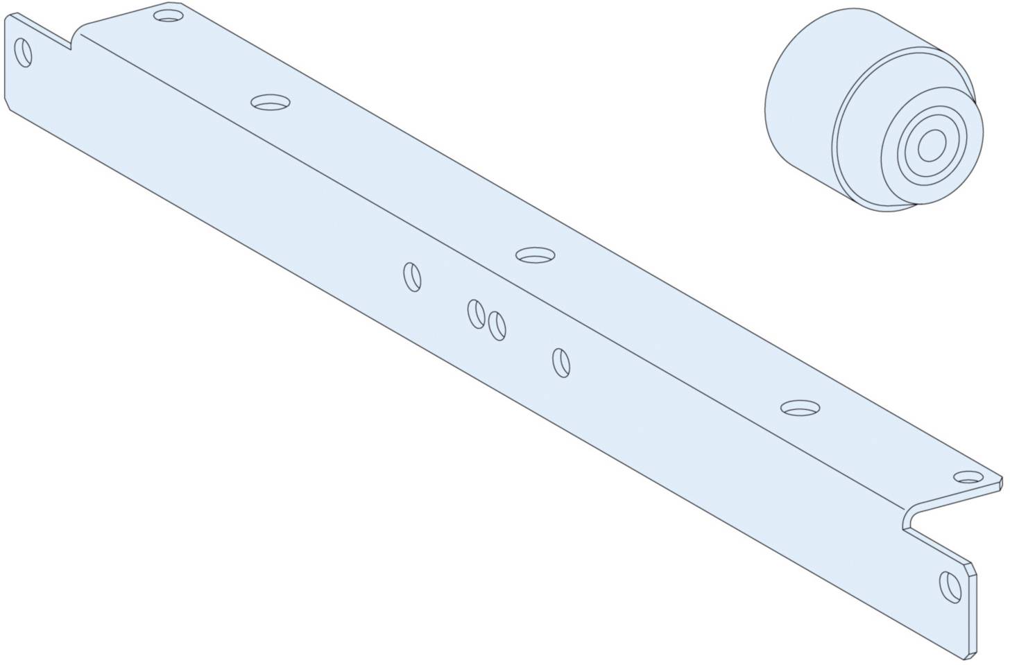 Metallschiene mit mehreren Bohrungen links und rechteckiges Bauteil rechts oben.