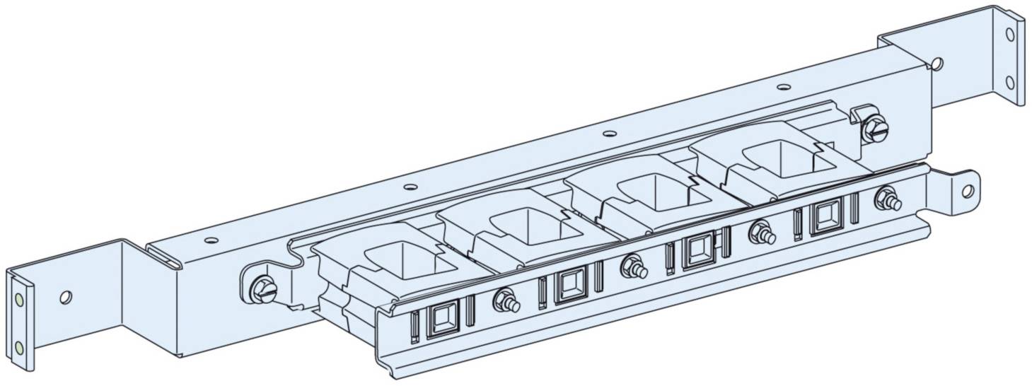 Ein technisches Diagramm zeigt eine vierfache Steckdosenleiste für 19-Zoll-Rackmontage mit Befestigungsschienen und Halterungen.
