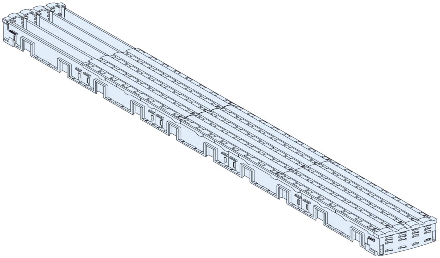 Technische Zeichnung eines langen, rechteckigen, mehrteiligen Bauteils mit symmetrischen Vertiefungen und Erhebungen in hellblauer Farbe.