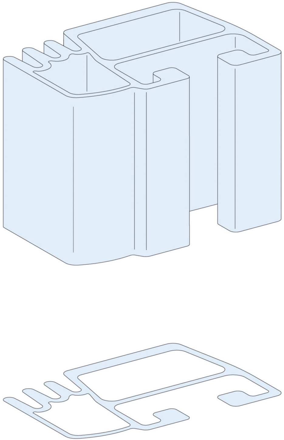 Schematische Darstellung eines komplexen Bauprofils mit verschiedenen vertikalen und horizontalen Einbuchtungen und Kanälen.