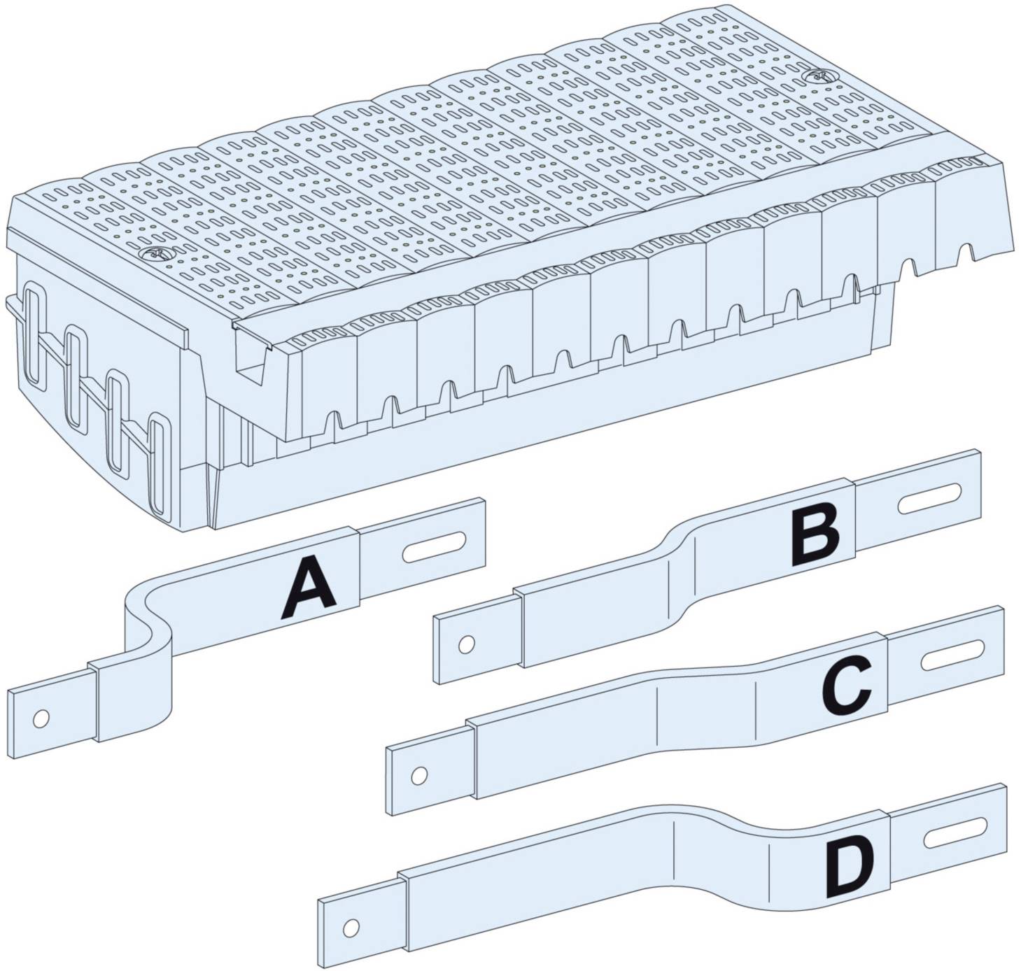 Illustration einer Pflasterrinne mit Abdeckrost und vier unterschiedlich geformten Verbindungsstücken, bezeichnet mit A, B, C, D.