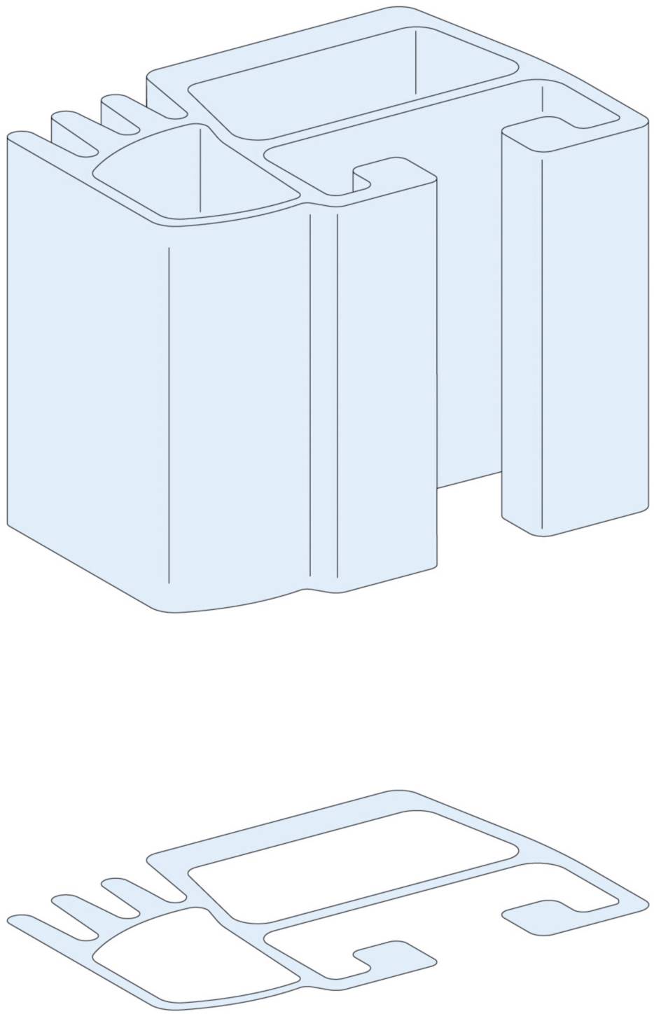 Abbildung eines komplexen, rechteckigen LEGO-Steins mit mehreren Aussparungen und einer Draufsicht mit geometrischen Formen.