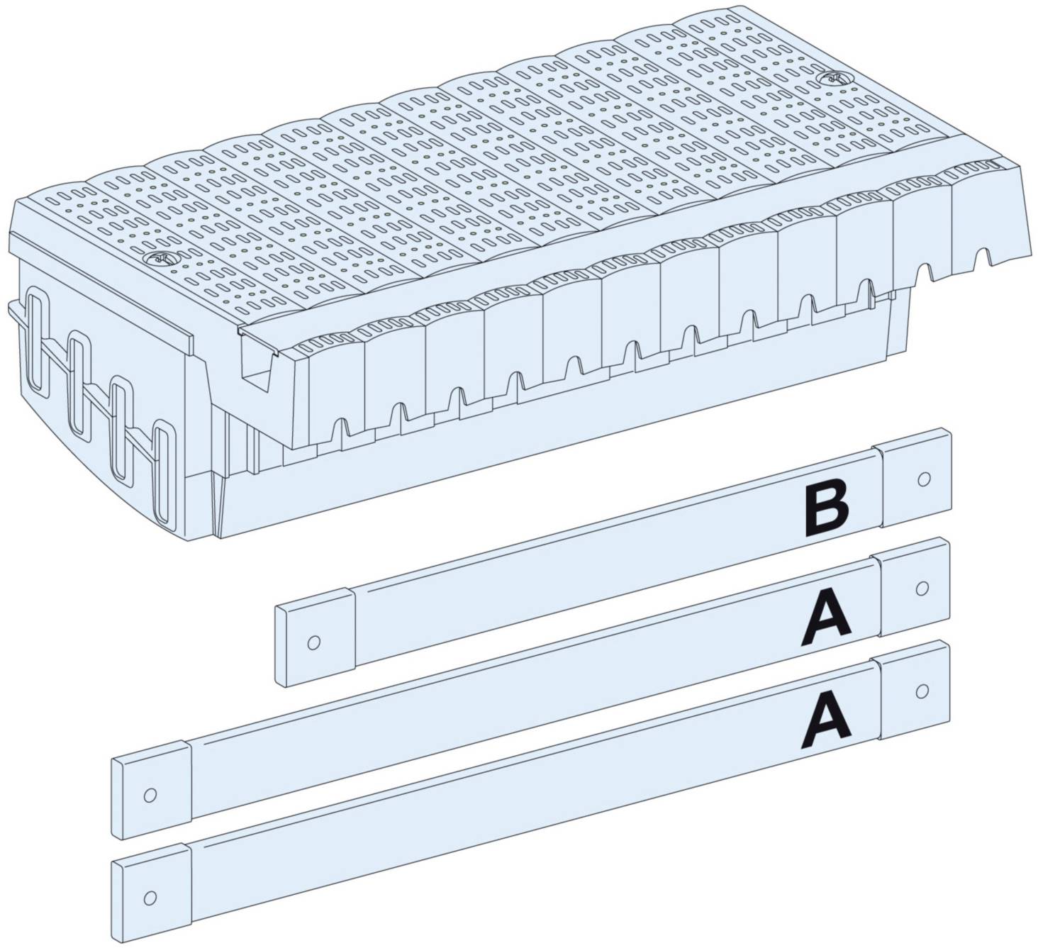 Abbildung zeigt ein rechteckiges, gelochtes Bauelement und drei Streifen mit Markierungen 'A', 'A' und 'B'.