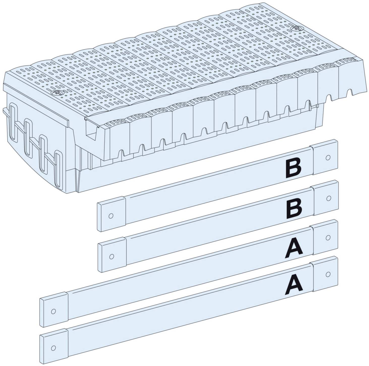 Ein Bauplan zeigt ein rechteckiges Entwässerungssystem mit herausnehmbaren Gittern. Vier Befestigungsstreben sind mit 'B' und 'A' markiert.
