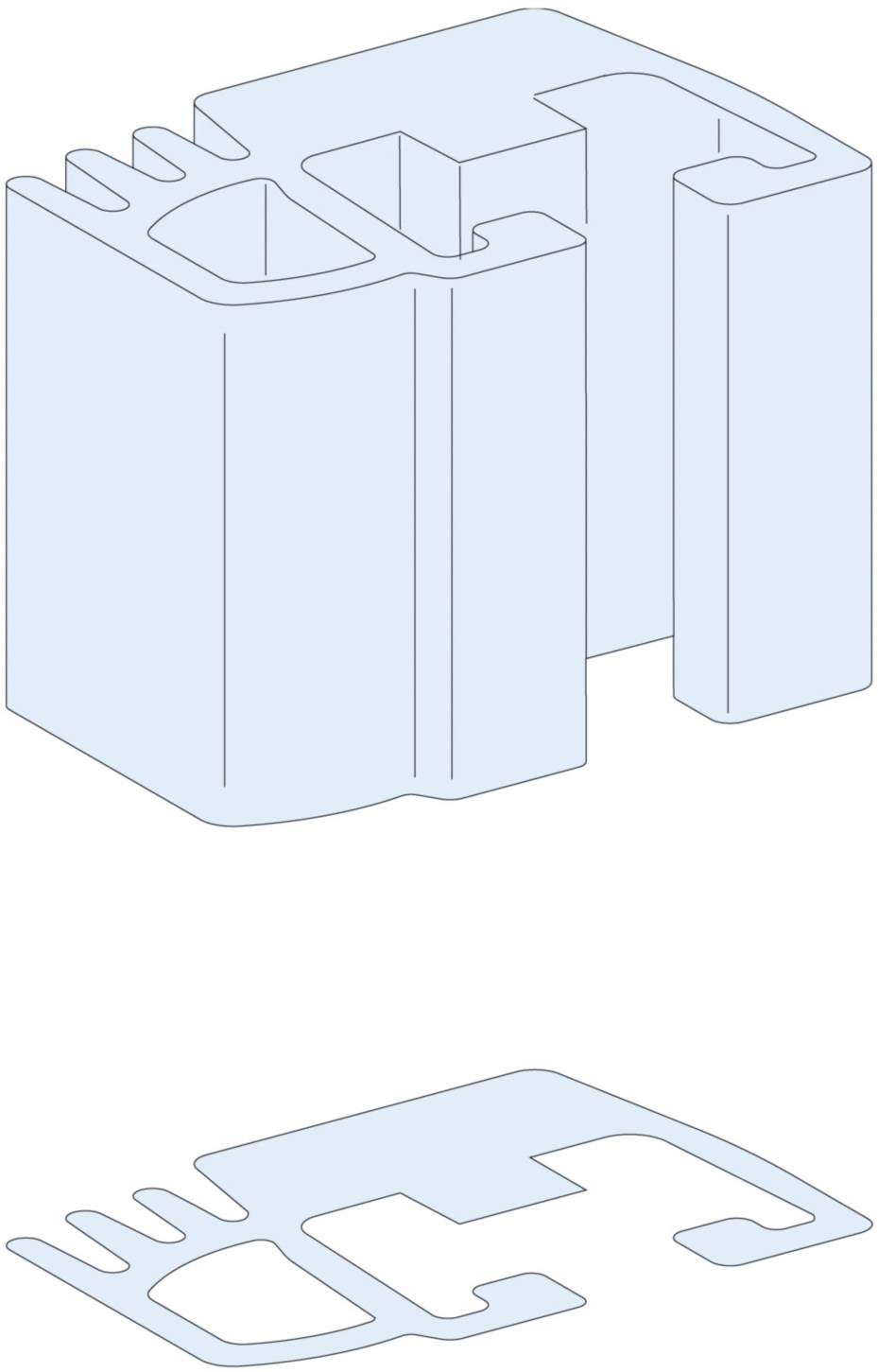 Isometrische Darstellung eines blauen 3D-Objekts mit einem komplexen, ineinandergreifenden Design und seiner zweidimensionalen Entfaltung darunter.