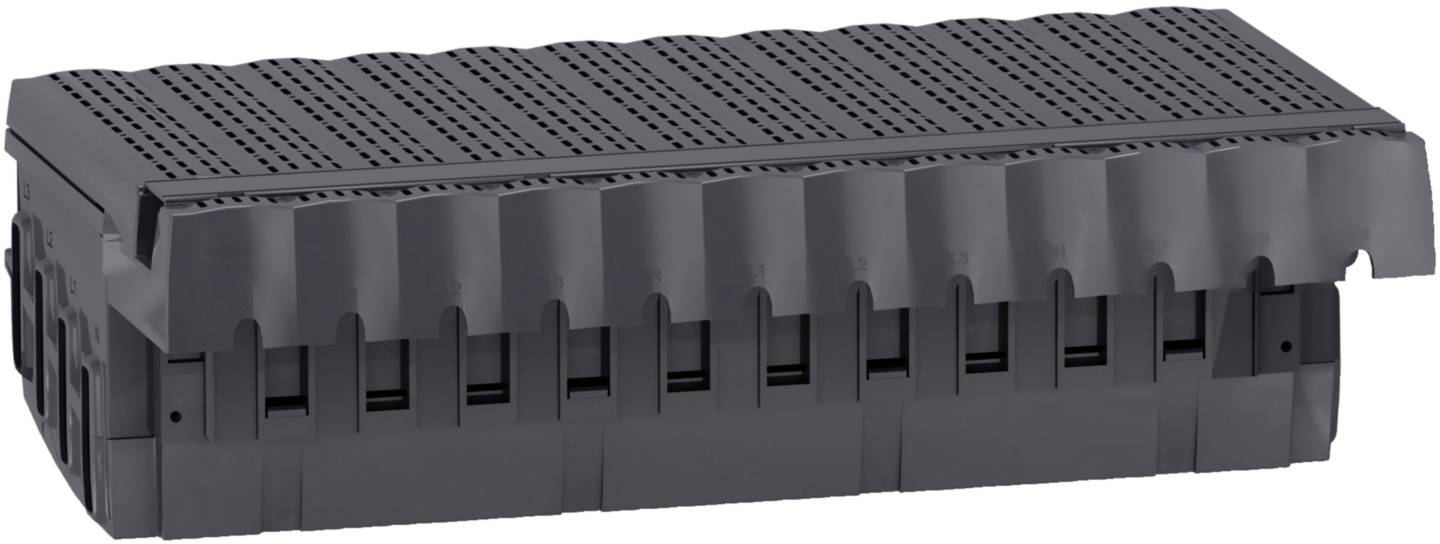 Schwarze, rechteckige Kunststoffbox mit perforierter, abnehmbarer Abdeckung. Verwendet zur Lagerung oder zum Schutz von Gegenständen.