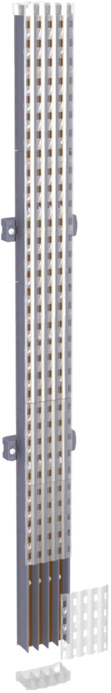 Kunststoffprofil mit Schlitzen und zwei seitlichen Befestigungen, geeignet für flexible Anpassungen in verschiedenen Installationen.