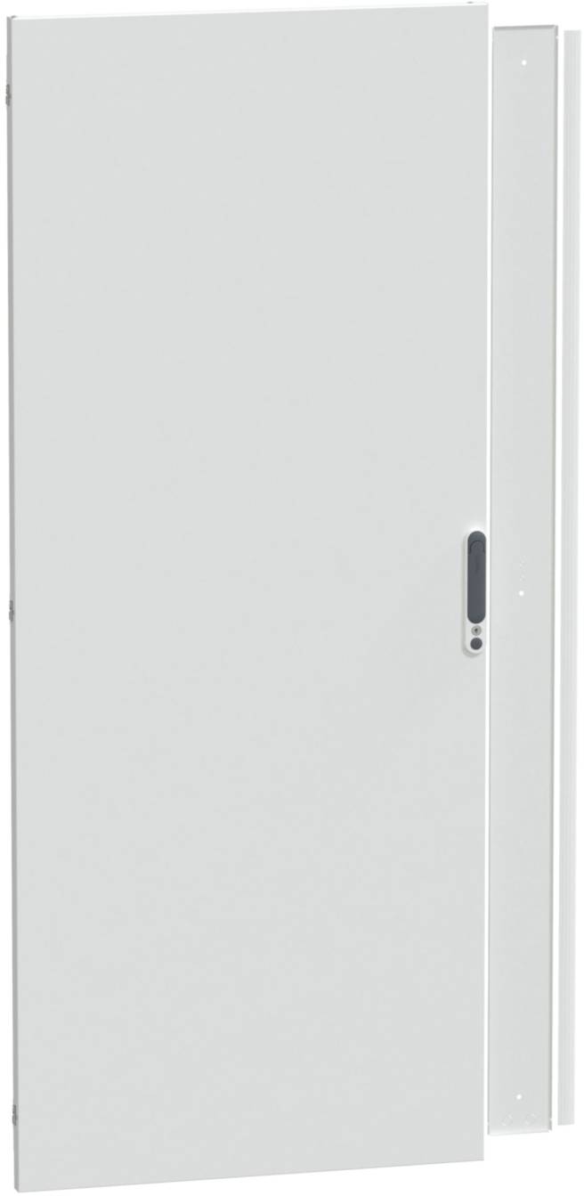 Weiße Tür, leicht geöffnet, mit einem schlichten Griff in der Mitte. Hintergrund ist neutral gestaltet.