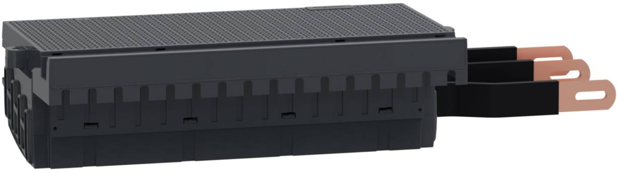 Ein schwarzer elektrischer Steckverbinder mit zwei Kupferkontakten an der Seite, geeignet für Stromanwendungen.