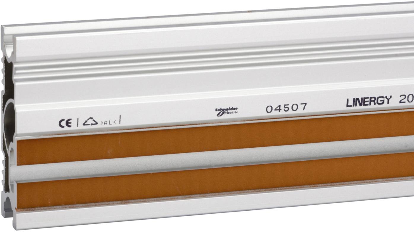 Aluminiumprofil in Silbern mit orangefarbenem Einsatz, markiert mit 'Linergy' und 'Schneider Electric' Logo. Besitzt technische Symbole.