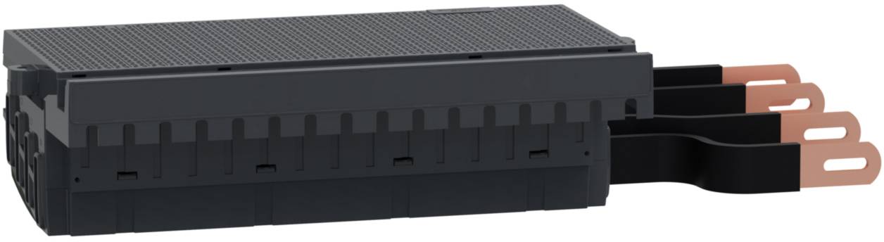 Ein schwarzes, rechteckiges elektronisches Bauteil mit drei Kupferanschlüssen auf der rechten Seite.