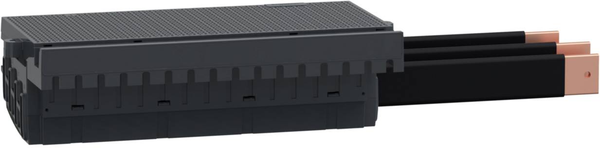 Ein schwarzer elektrischer Stecker mit drei kupferfarbenen Anschlüssen, geeignet für industrielle Anwendungen und Stromverteilung.