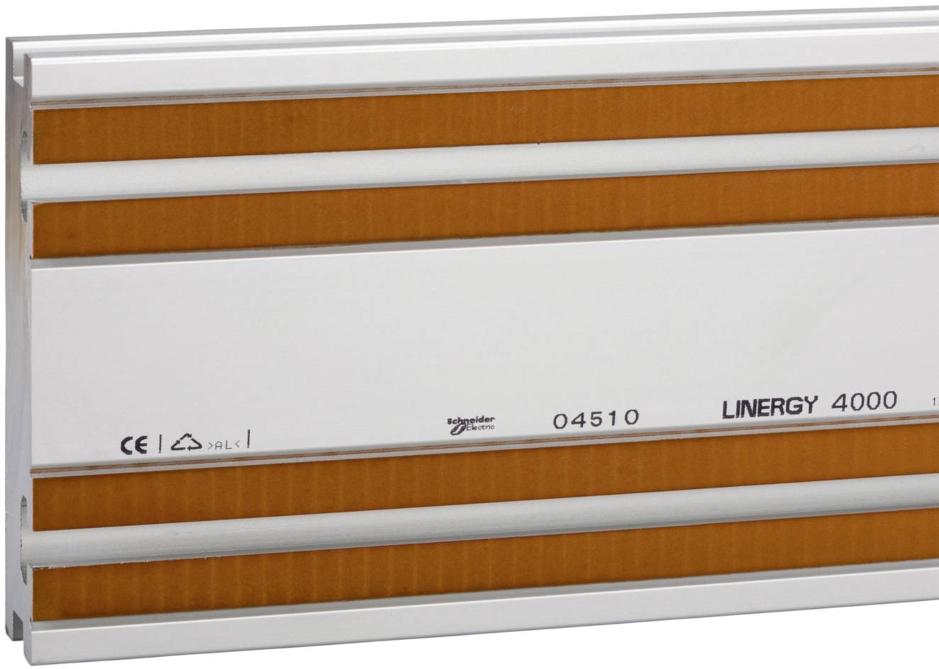 Metallschiene mit orangefarbenen Streifen und Beschriftung 'LINERGY 4000', 'Schneider Electric'. Enthält CE-Kennzeichnung.