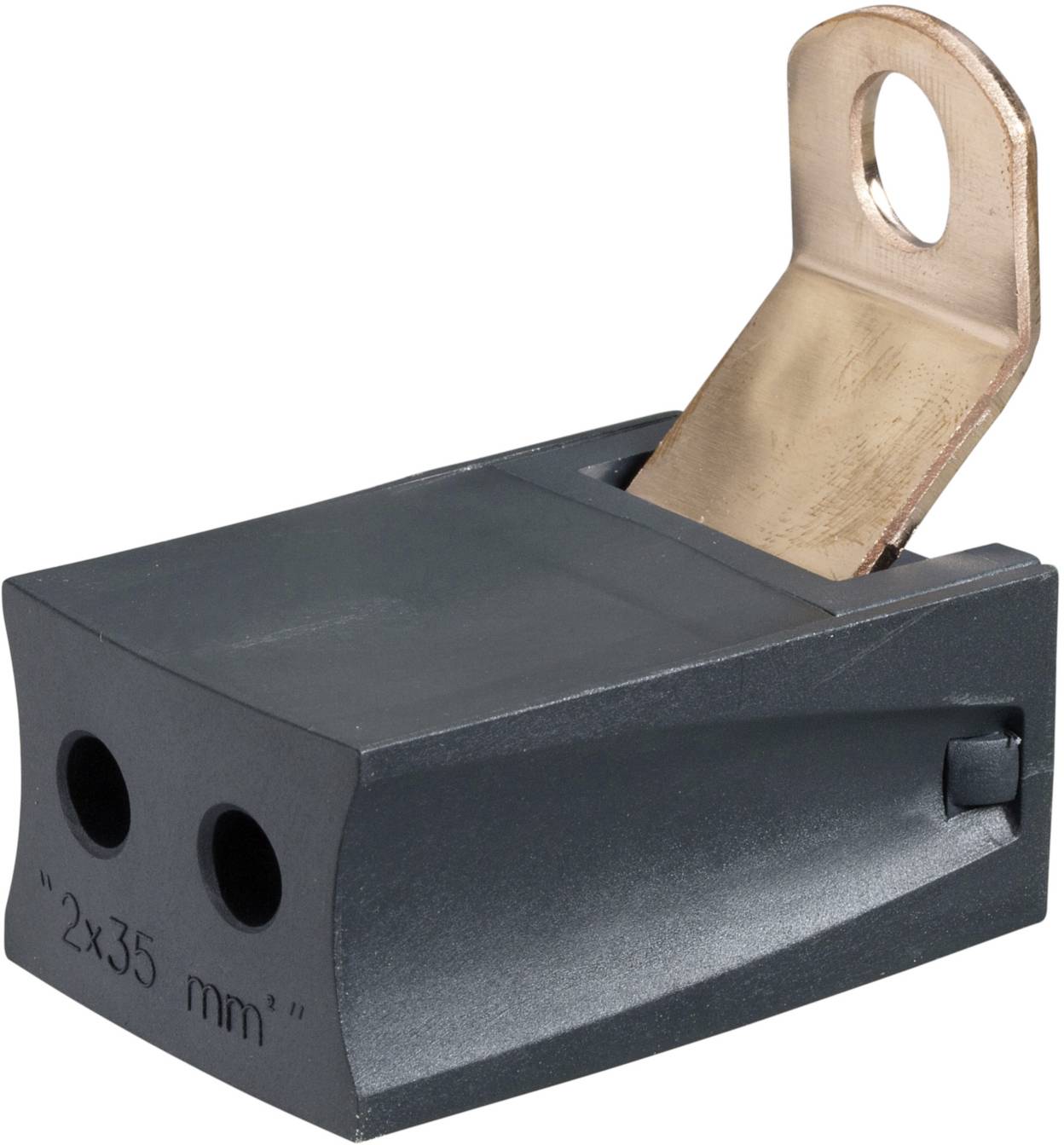 Ein schwarzer Kunststoffstecker mit zwei Löchern und einem Kupferkontakt herausragend aus der Oberseite. Aufdruck: '2x35 mm'.
