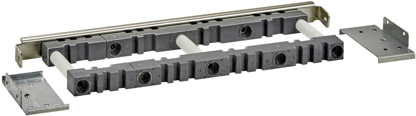 Ein erstes Durchgangssystem mit Metallplatten an den Enden und mehreren schwarzen Modulkomponenten in zwei Reihen mit weißen Verbindungsstangen.