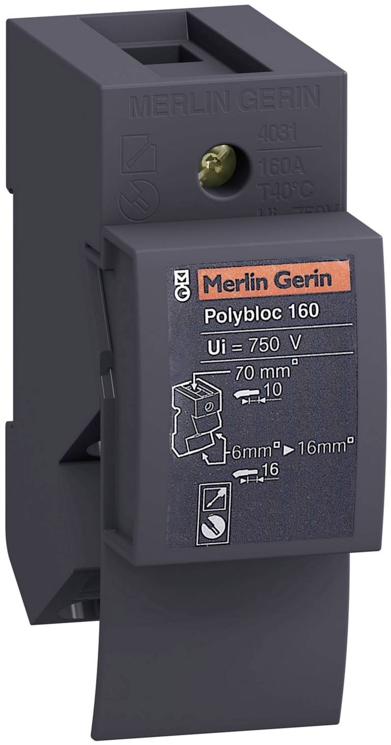 'Merlin Gerin Polybloc 160' Sicherungshalter für 750 V, zeigt Montageanleitung mit Zeichnung und Maßangaben für Kabeldurchmesser.