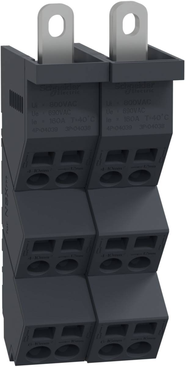 Ein schwarzer elektrischer Anschlussblock, geeignet für 630VAC, 3-polig mit vier Anschlussbereichen.