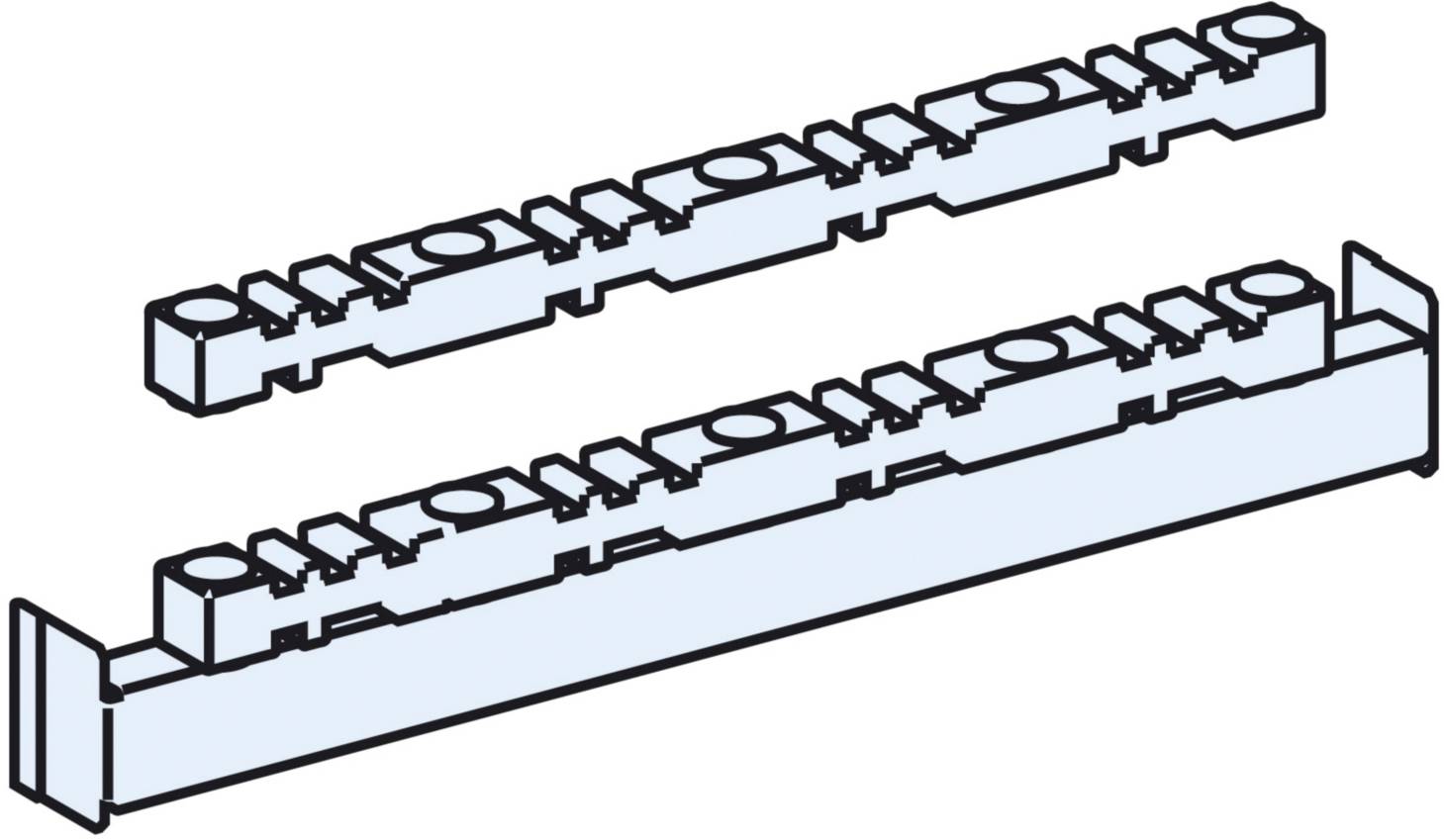 Zwei technische Zeichnungen von länglichen, bläulichen Bauteilen mit runden Vertiefungen und seitlichen Befestigungselementen.