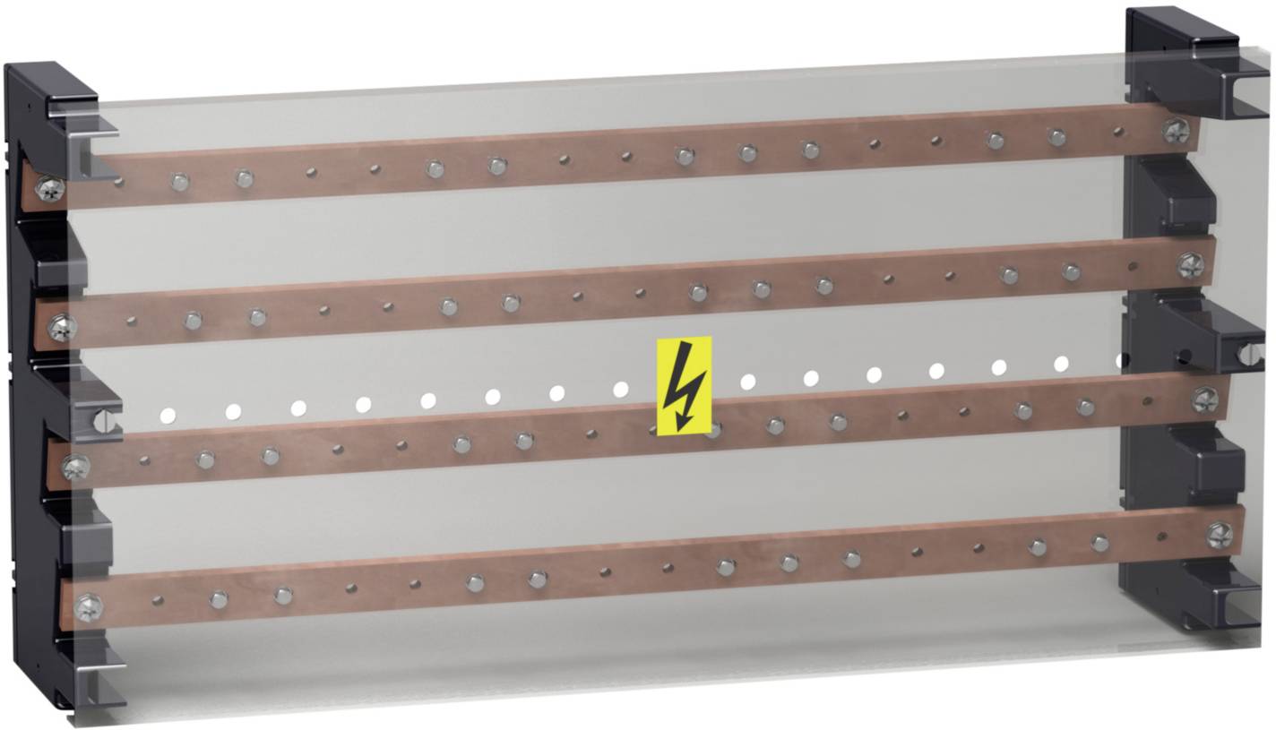 Ein elektrischer Verteiler mit drei horizontalen Kupferleitungen, gesichert in einem transparenten Gehäuse, mit einem Warnsymbol.