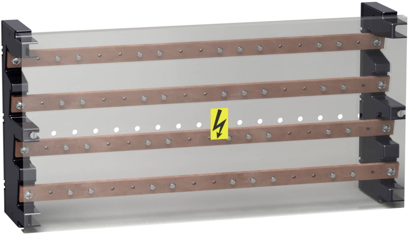 Ein transparentes elektrisches Bauteil mit mehreren horizontalen Metallstreifen und einem Warnsymbol für Hochspannung in der Mitte.