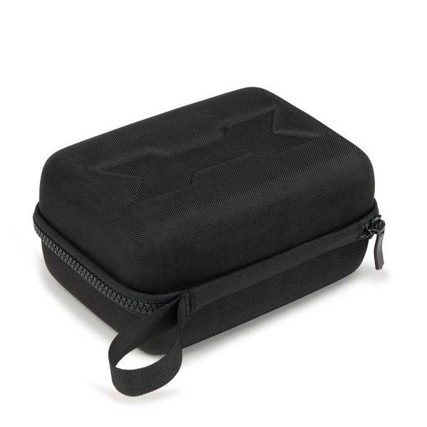 Schwarze, rechteckige Tragetasche mit Reißverschluss und Trageschlaufe, geeignet für kleine elektronische Geräte.