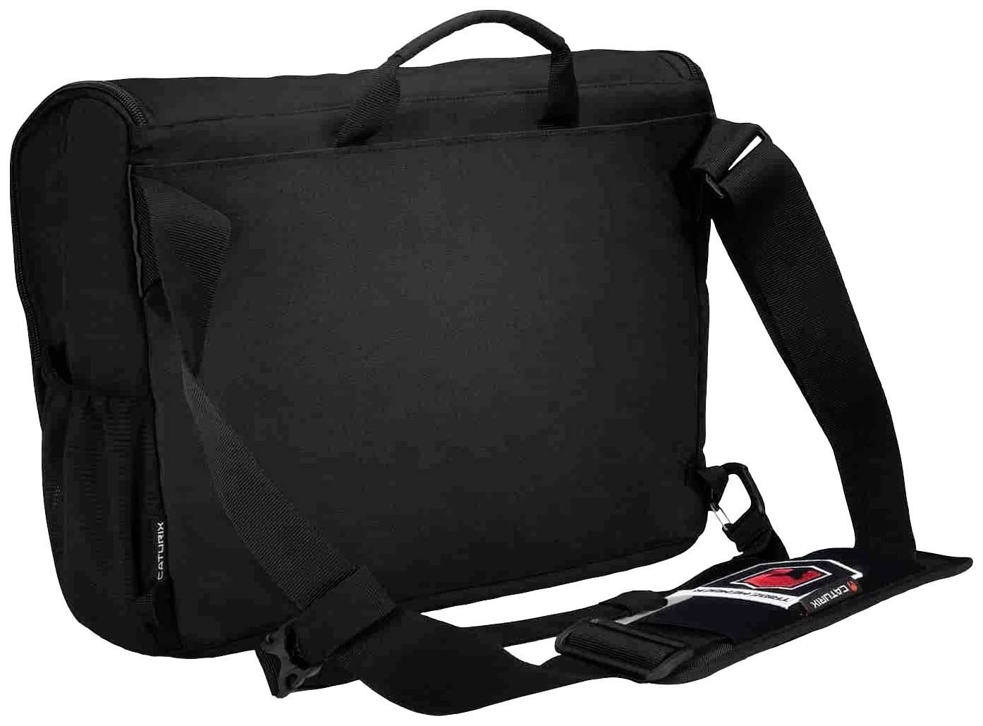 Eine schwarze Umhängetasche mit verstellbarem Schulterriemen und praktischem Griff oben. Sie ist geeignet für Laptops und Akten.