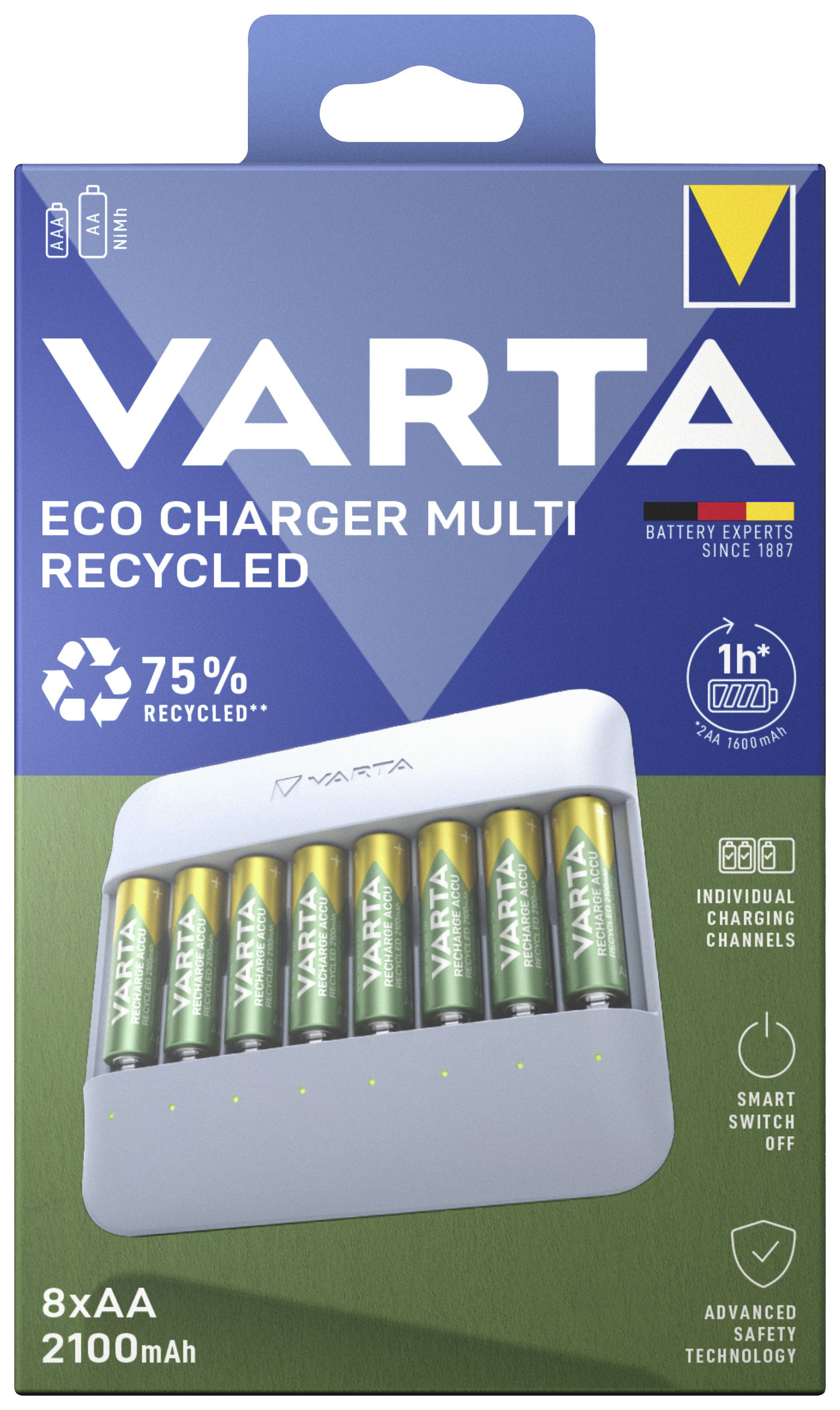 VARTA Eco Charger Multi, 8xAA, 2100mAh, 75% recycelt. Individuelle Ladeoption, Smart-Abschaltung, erweiterte Sicherheit.