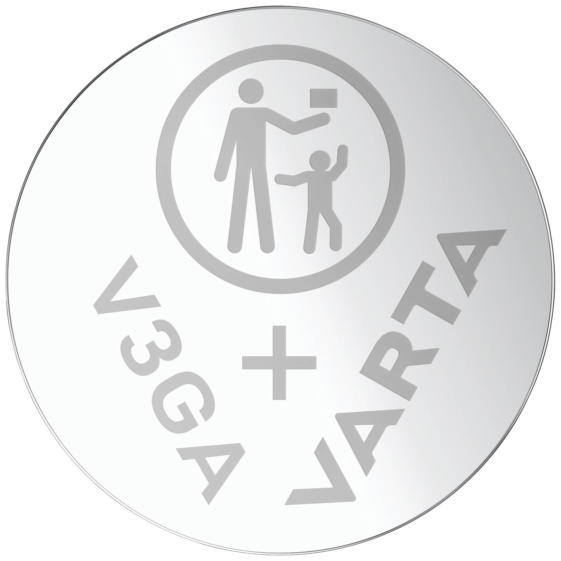 'Varta V3GA+' Batterie mit Symbol: Erwachsener reicht Gegenstand an Kind.