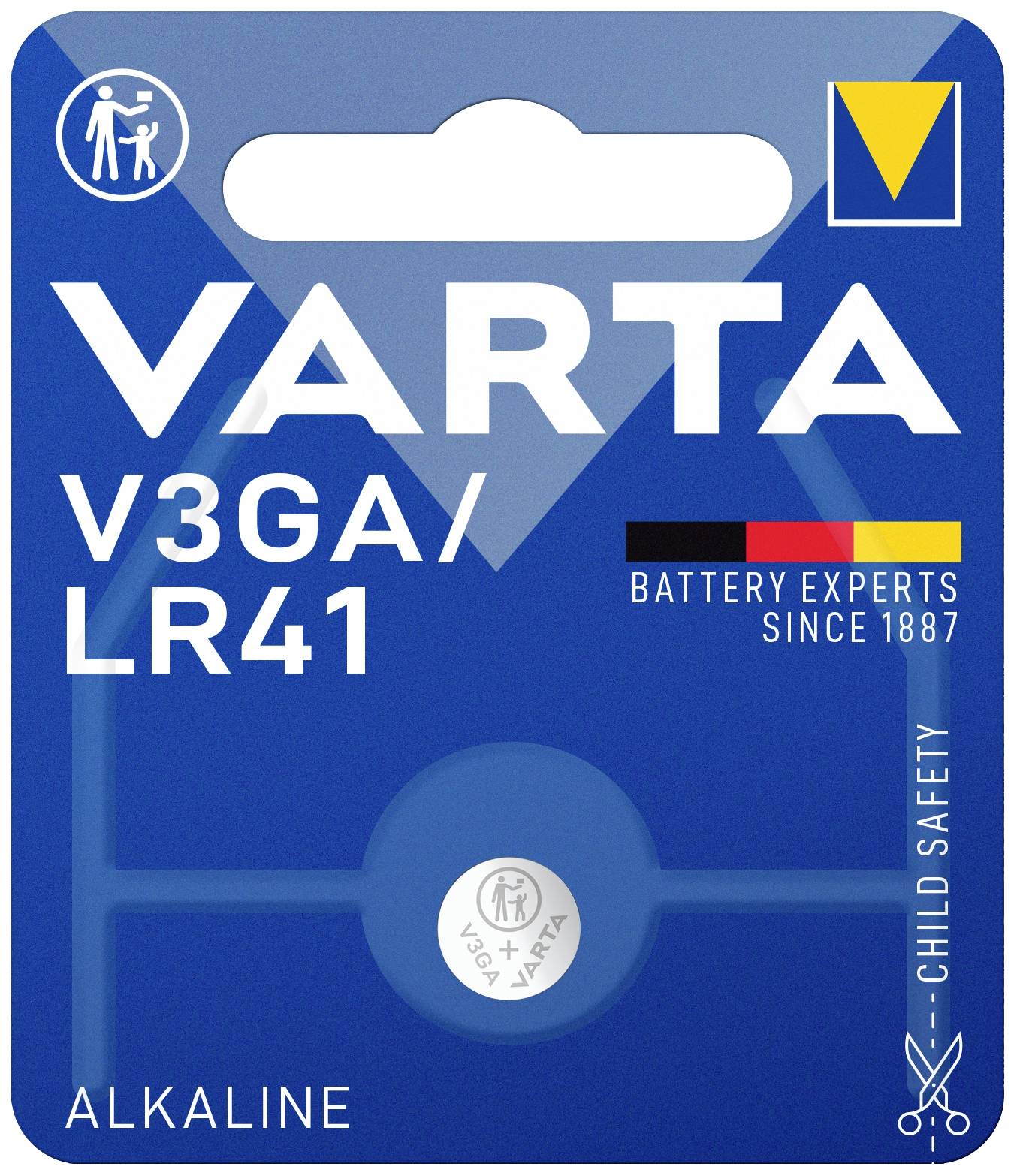 Eine VARTA V3GA/LR41 Alkaline-Batterieverpackung. Präsentiert die Batterie mit Kinder-Sicherheitsmerkmalen und Firmenlogo.