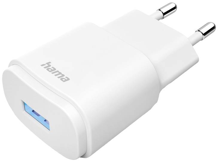 Ein weißes USB-Ladegerät mit EU-Stecker. Der Markenname 'hama' ist darauf zu sehen.