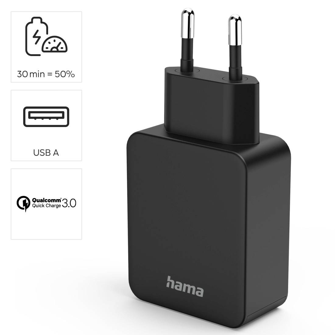 Schwarzes Hama Ladegerät mit USB-A-Anschluss, unterstützt Qualcomm Quick Charge 3.0. 30 Minuten Ladezeit erreicht 50% Kapazität.