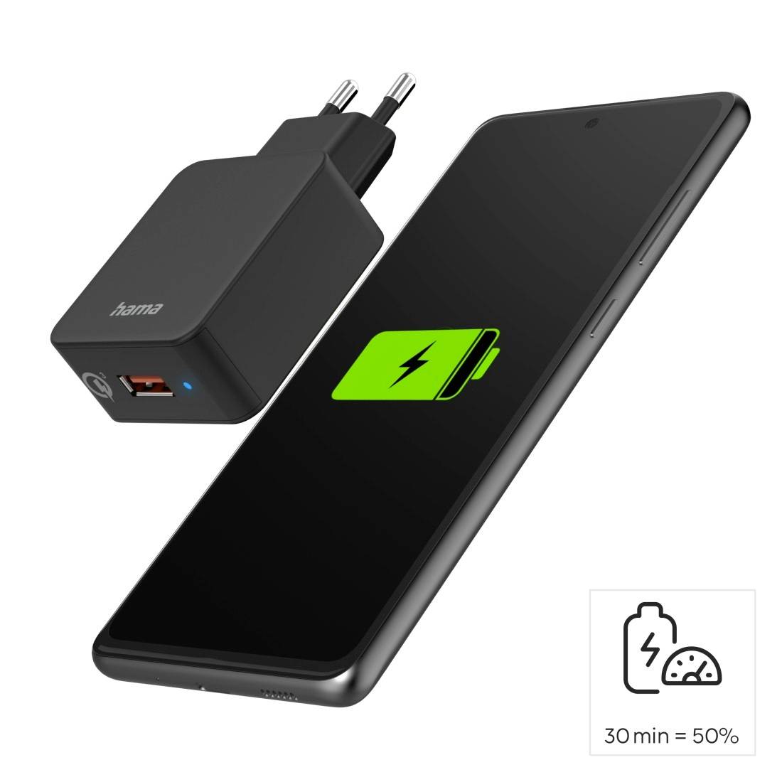 Smartphone und Ladegerät; auf dem Display ein grünes Batteriesymbol. Text unten rechts: '30 min = 50%' zeigt Schnellladefähigkeit an.