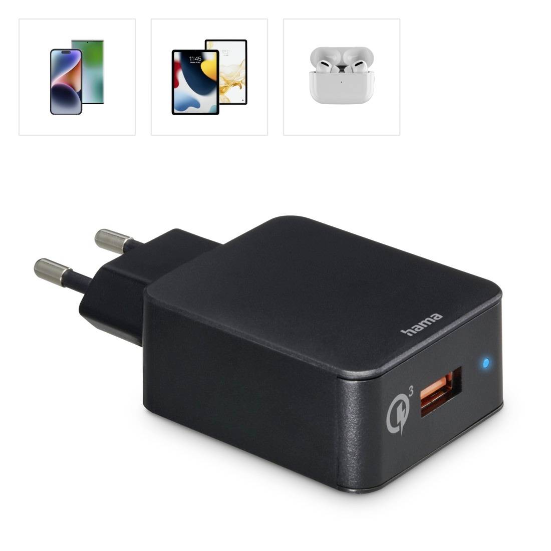Schwarzes USB-Ladegerät mit Schnellladefunktion, geeignet für Smartphones und drahtlose Ohrhörer, abgebildet mit Eurostecker.