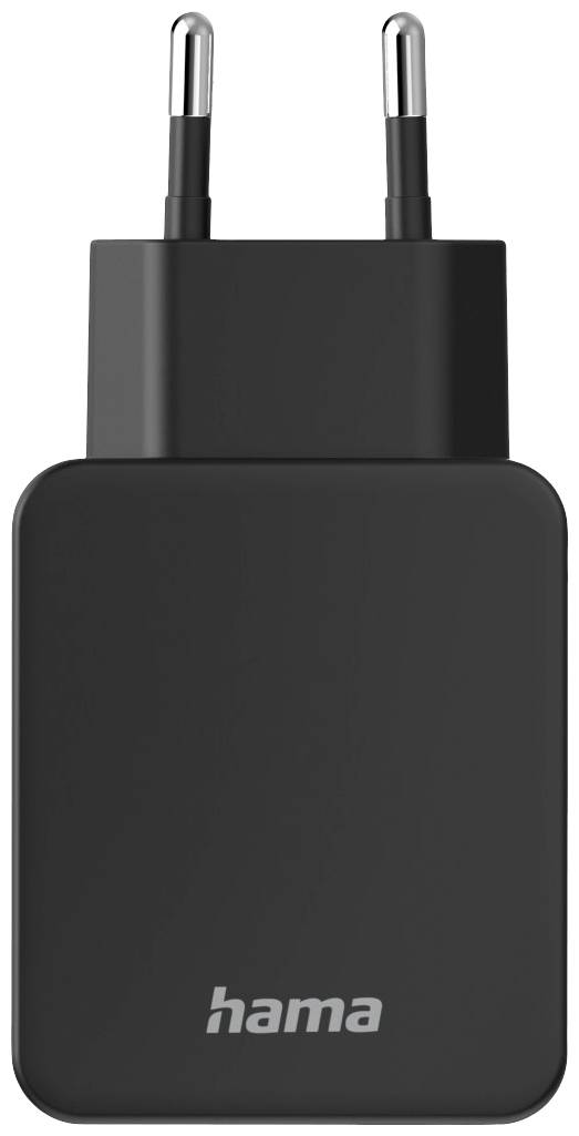 Schwarzes Ladegerät mit zwei Steckern von der Marke Hama. Designed für europäische Steckdosen.
