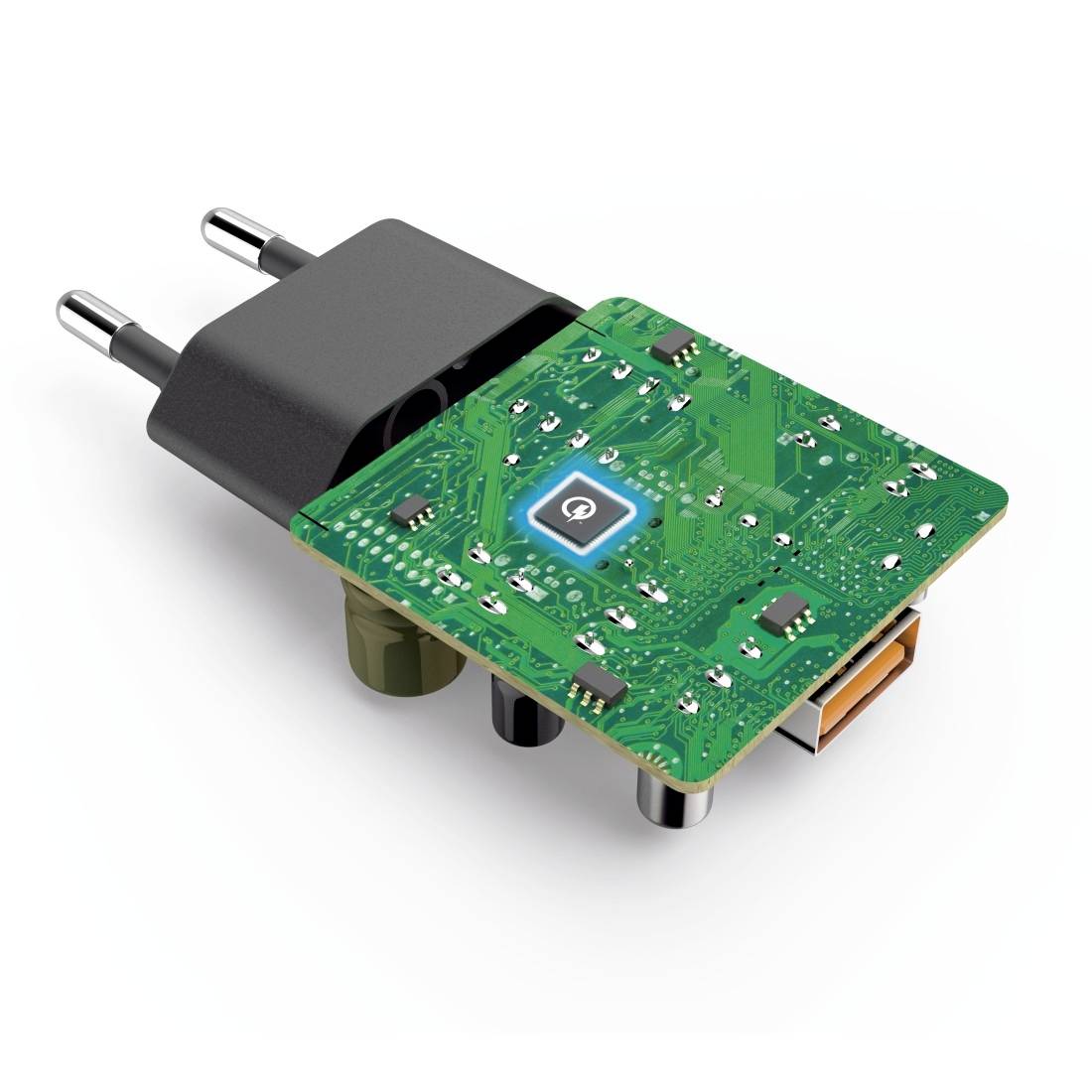 Ein geöffneter Ladegerät-Stecker mit sichtbarer grüner Leiterplatte und Bauteilen.