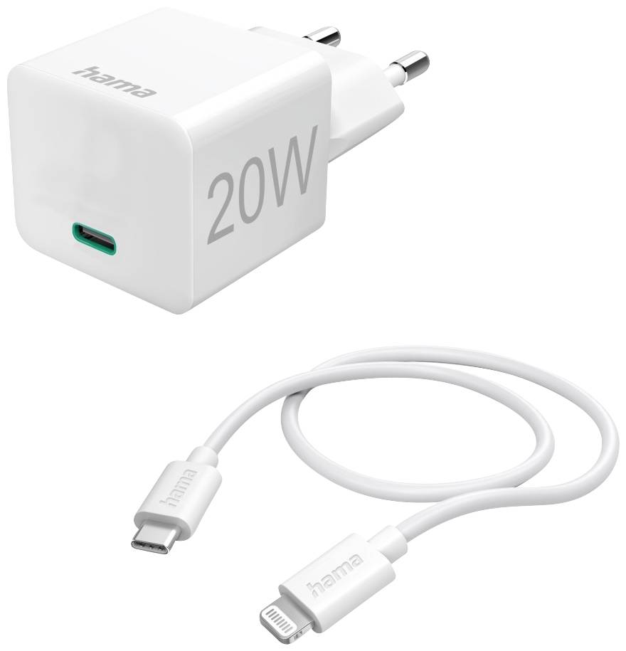 Hama USB Ladegerät 20 W 1x USB-C®, 1x Apple Lightning Weiß Innenbereich