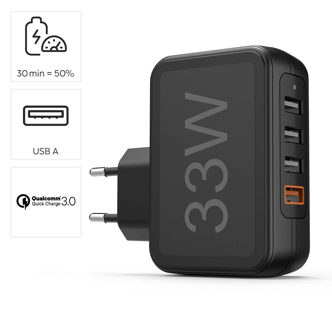Hama USB Ladegerät 33W 4x USB-A USB PD 3.0, Quick Charge 3.0, QC 4+ Schwarz Innenbereich