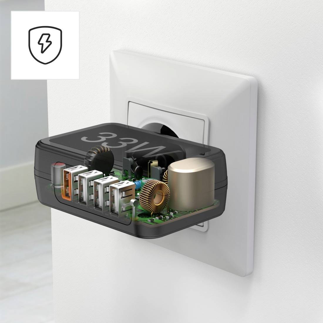 Hama USB Ladegerät 33W 4x USB-A USB PD 3.0, Quick Charge 3.0, QC 4+ Schwarz Innenbereich