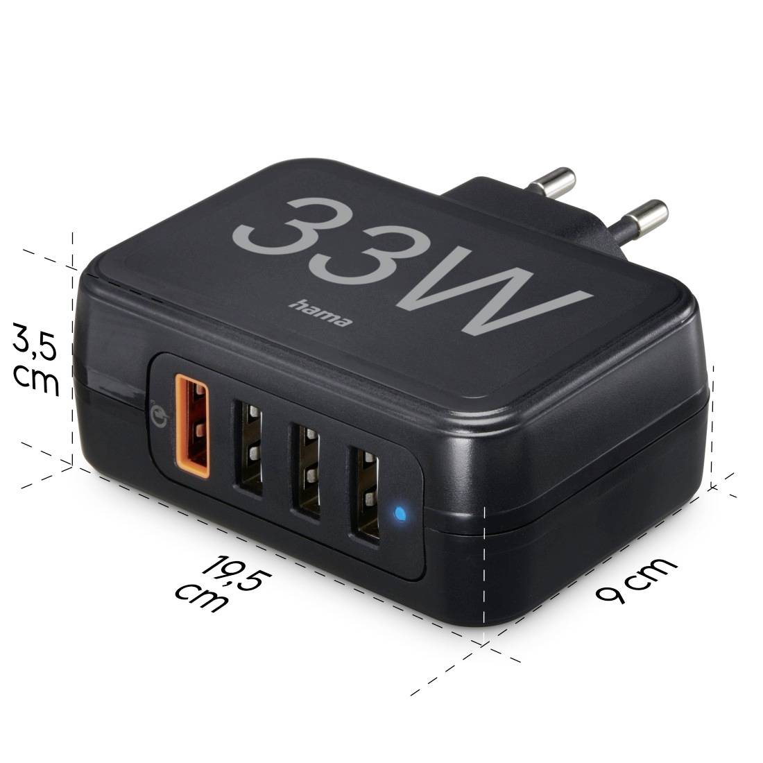 Ein schwarzes Ladegerät mit vier USB-Anschlüssen, davon einer orangefarbig. Es hat die Aufschrift '33W'. Maße: 9 cm x 3,5 cm x 19,5 cm.