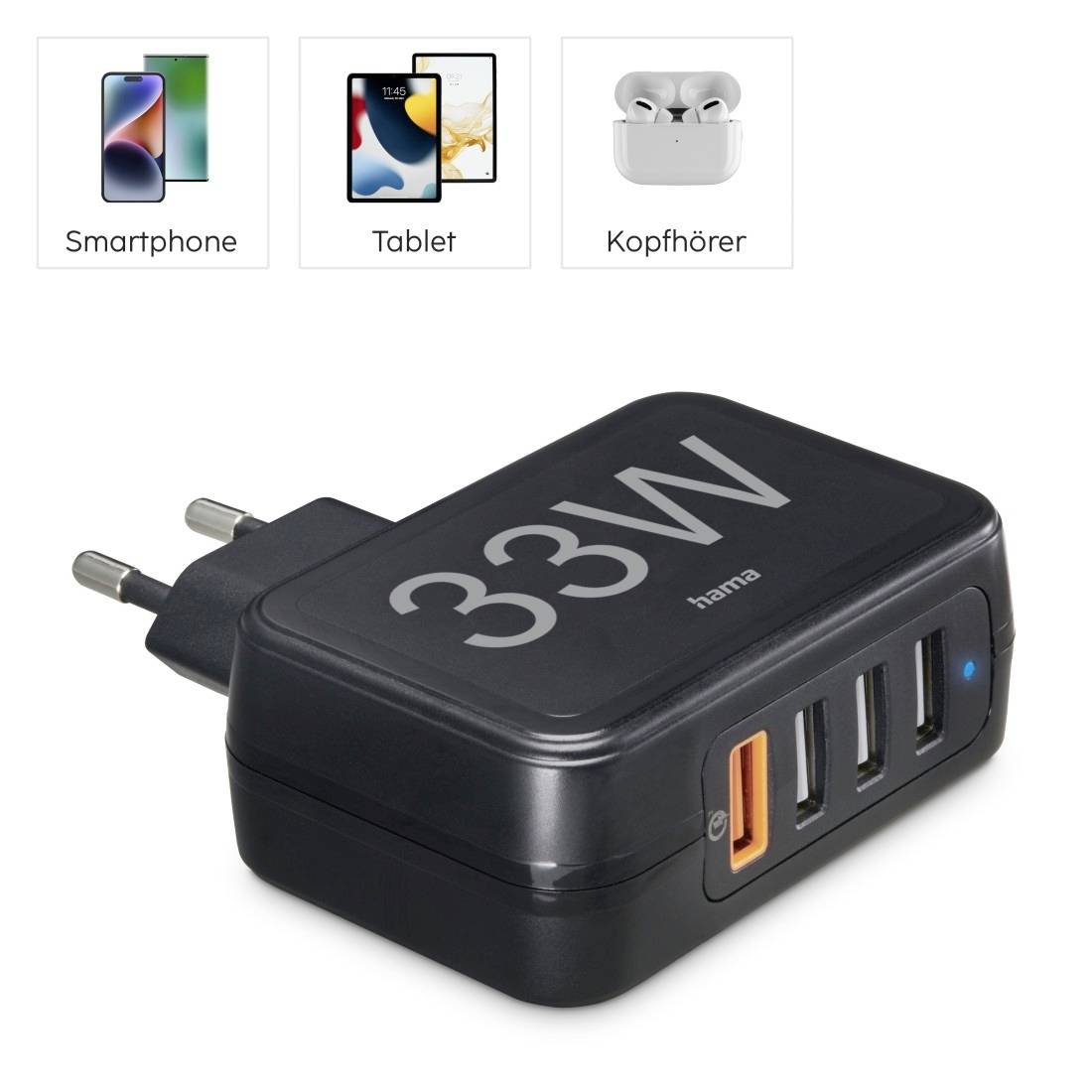 Schwarzes 33W Ladegerät mit drei USB-Anschlüssen und einem USB-C-Anschluss. Geeignet für Smartphone, Tablet und Kopfhörer.